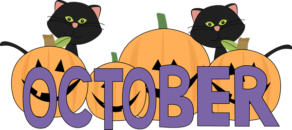 October graphic with pumpkins and black kittens